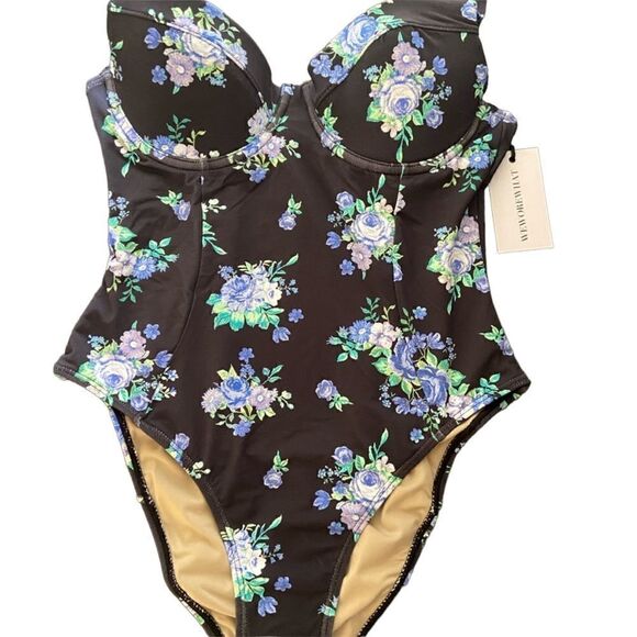 NEW WeWoreWhat Floral Underwire One-Piece Swimsuit black golden hour retro XL - Picture 2 of 10